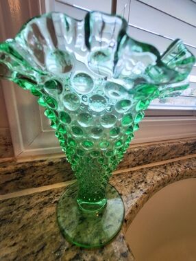 Vintage Fenton Emerald  Green Hobnail 7.5 x 6.75 In Ruffled Vase